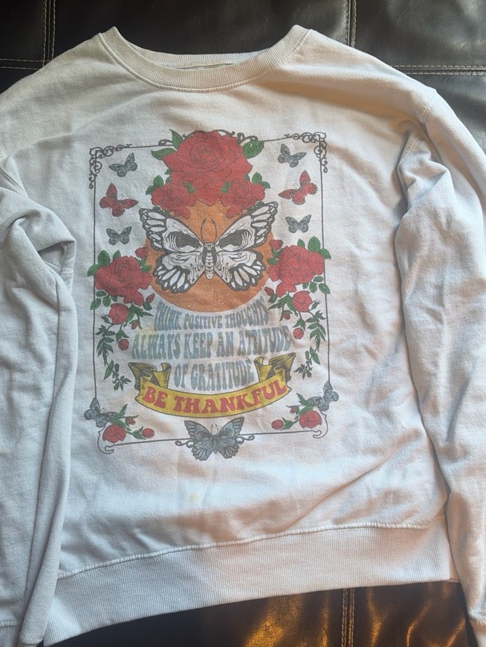 Aritzia White Crewneck Sweater with Butterfly & Red Rose Graphic